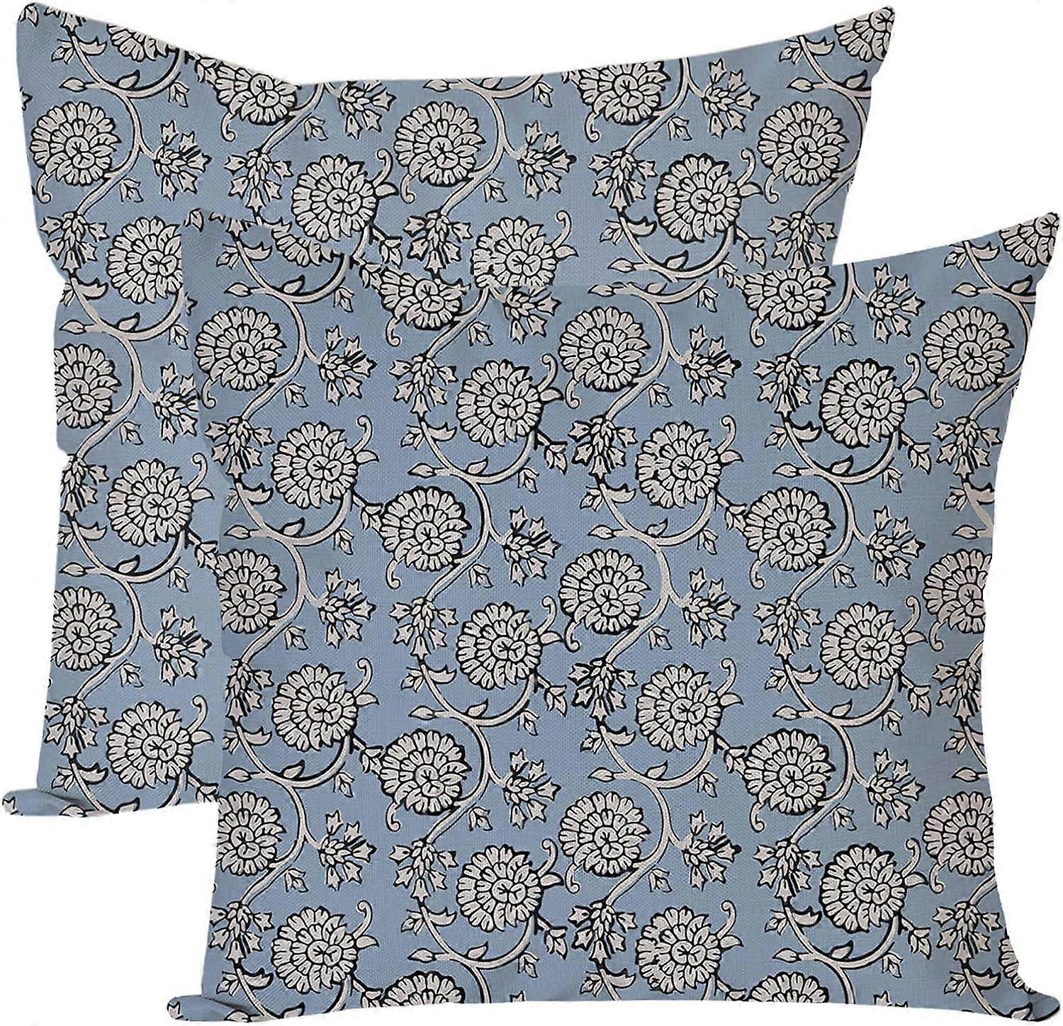 خمر الأزهار الزخرفية رمي وسادة يغطي 18x18 بوصة مجموعة من 2 كتلة الهندية طباعة أزرق في الهواء الطلق كوخ الربيع والشتاء ديكور وسادة الحالات Grandmille