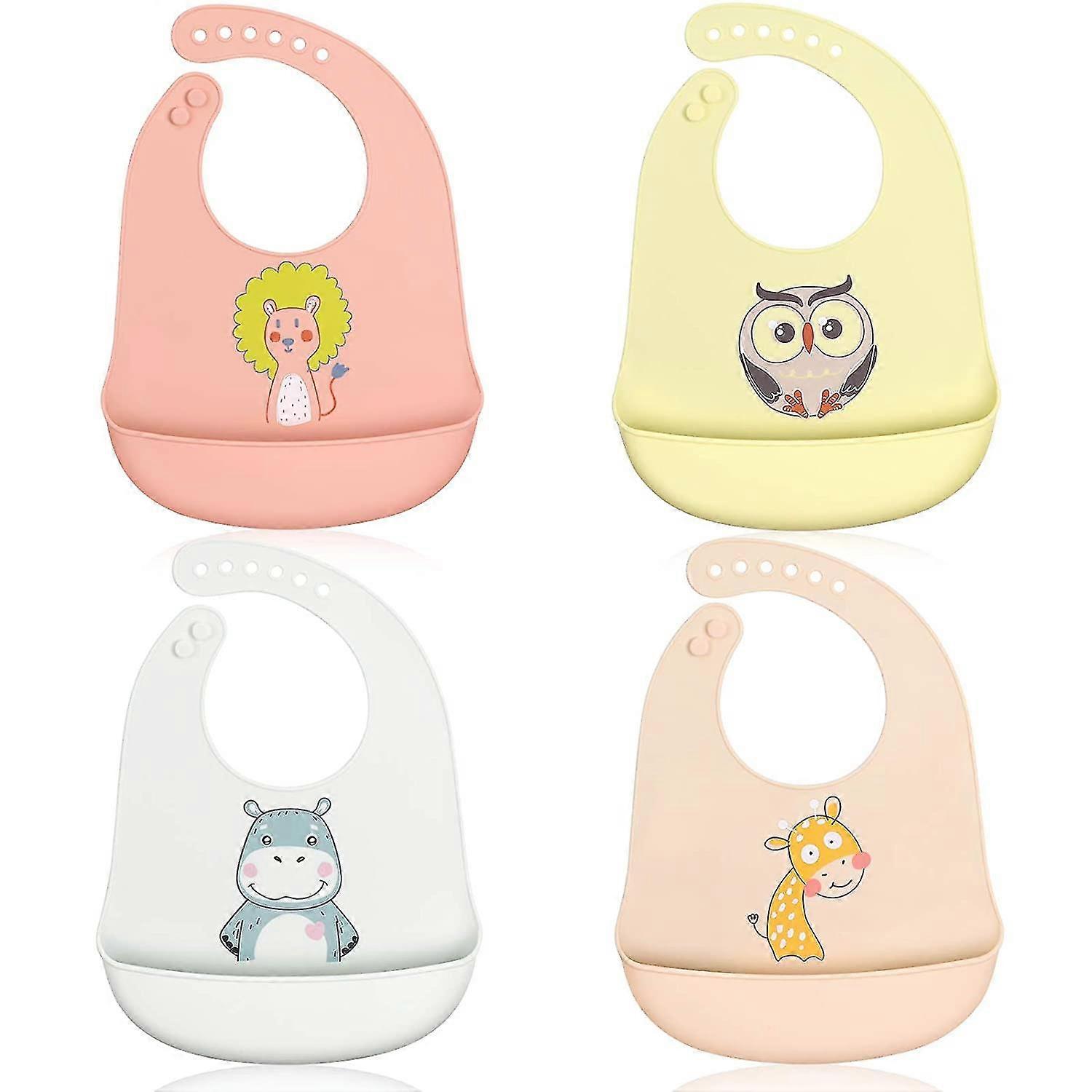 Pack Of 4 Baby Bibs Silicone, Bpa-free, Easy To Clean, Waterproof, Wipe Clean, 6 Adjustable Levels, Warm Color Soft Silicone