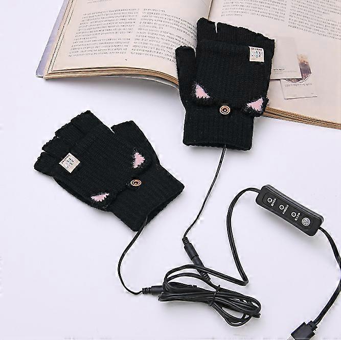 USB Heated Gloves Cats Fingers (Black B) Full Body Heated Warm Gloves Women Men Mittens Knit Gloves Adjustable Temperature Washable Winter Laptop Glov