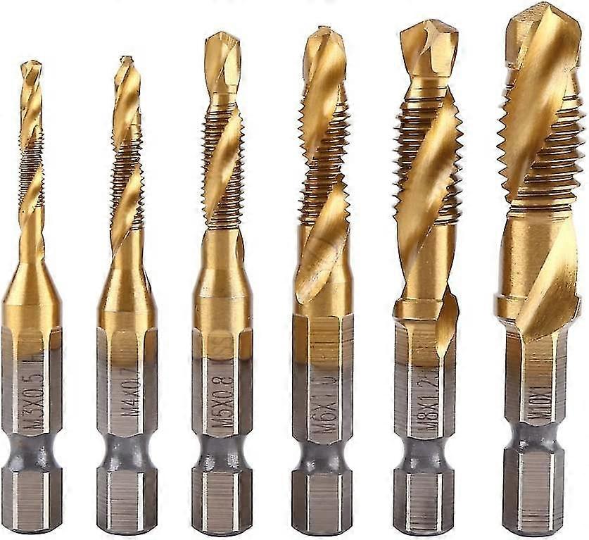 Tap Set, 6 Pieces Metric M3-m10 Thread Titanium Coated Drill And Steel Tap Drill Bit Set 1/4" Hex Shank
