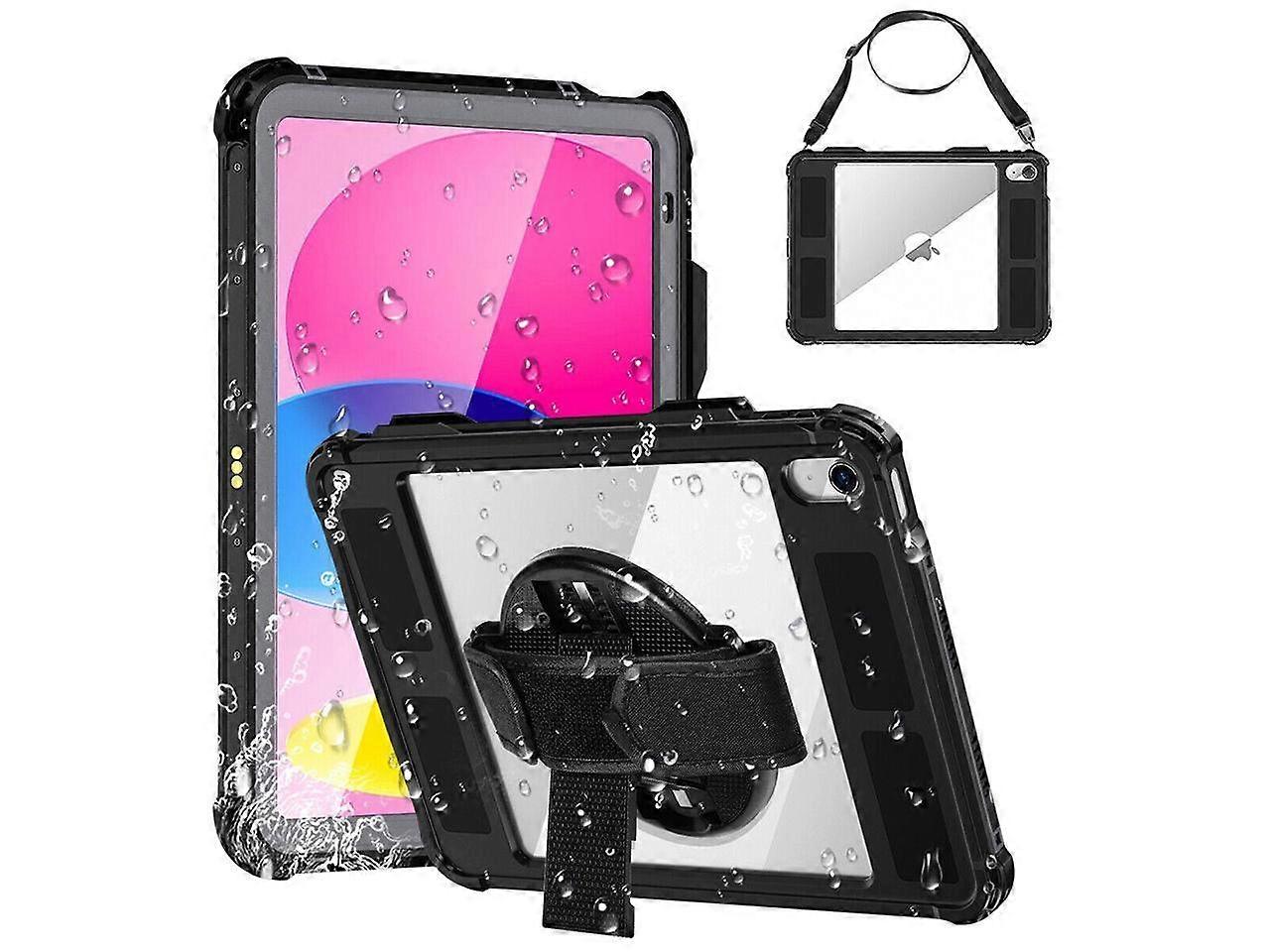 iPad 10th Generation 10.9 inch Waterproof Case 2022, Heavy Duty Shockproof Cover with Pencil Holder + Rotating Stand + Handle + Shoulder Strap