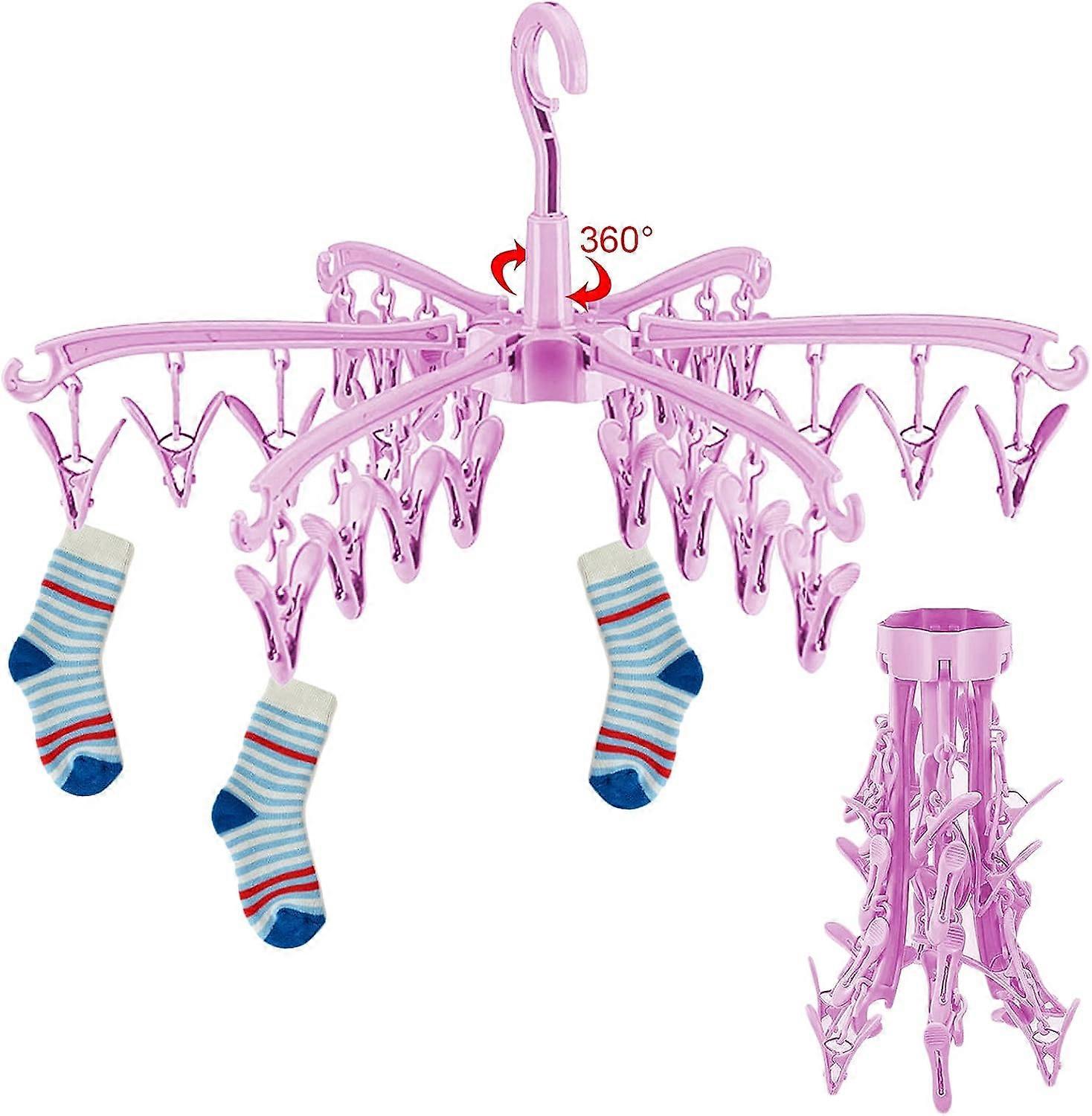 24 peg laundry line sock hangers (pink), foldable, hanging rotatable sock drying rack for underwear socks underwear baby clothes