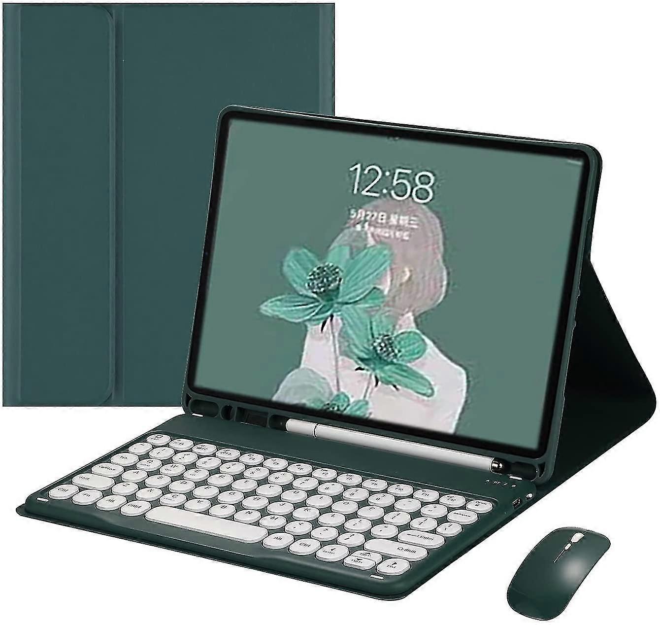 Ipad Keyboard Case With Mouse Retro Round Key Caps DetachableDarkGreen