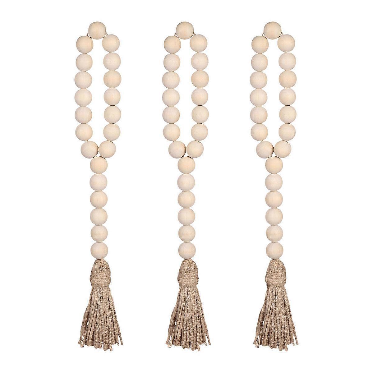 VOSAREA 3pcs Nordic Style Nature Wood Beads String with Tassel Decorations for Home Car (Pattern 2)