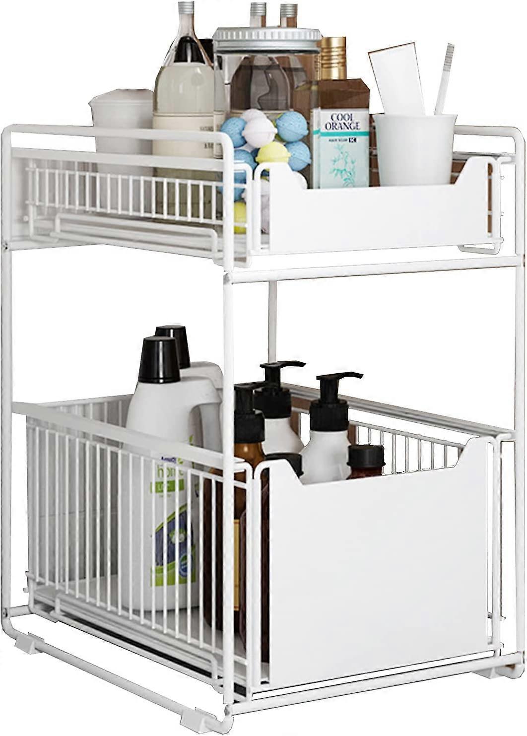 2 Tier Storage Drawer - Sliding Metal Storage Drawer (White)