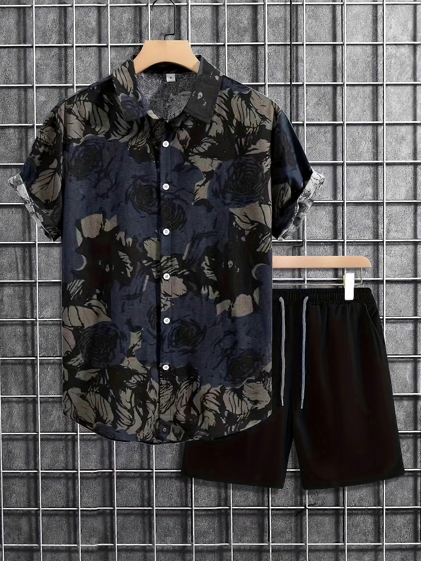 New style 2pcs, Men's Graphic Print Outfit, Short Sleeve Button Up Shirt & Shorts Set, Men's Clothes For Summer