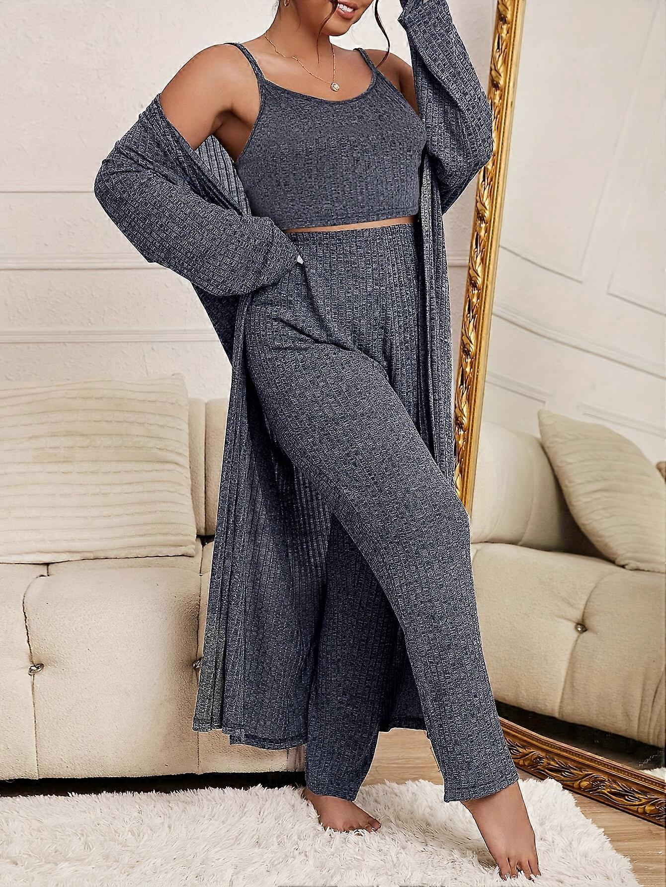 New style Women's Plus Casual Lounge Set, Plus Size Solid Ribbed Round Neck Crop Cami Top & Pants & Robe Pajamas 3 Piece Set