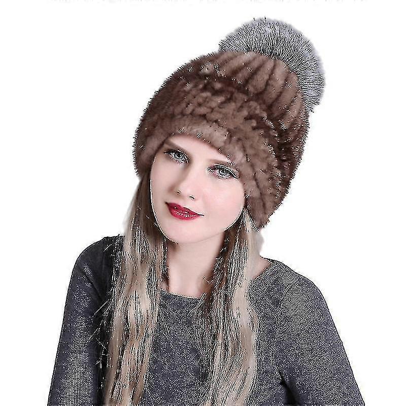 Thick Winter Genuine Knit Mink Fur Hat With Fox Fur Pom Pom Beanie Winter Warm Cap New Bonnet