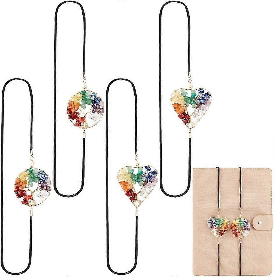 4 Pcs Tree of Life Elastic Bookmark Vintage Heart Round Shape Band Bookmarks with 7 Chakra Crystals Stone Book Page Marker for Book Lovers Teacher Stu