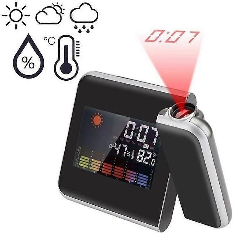 Barometer Alarm Clock Projection Weather Station Digital Ceiling LCD Calendar Time Projector LED Temperature Hygrometer - Black