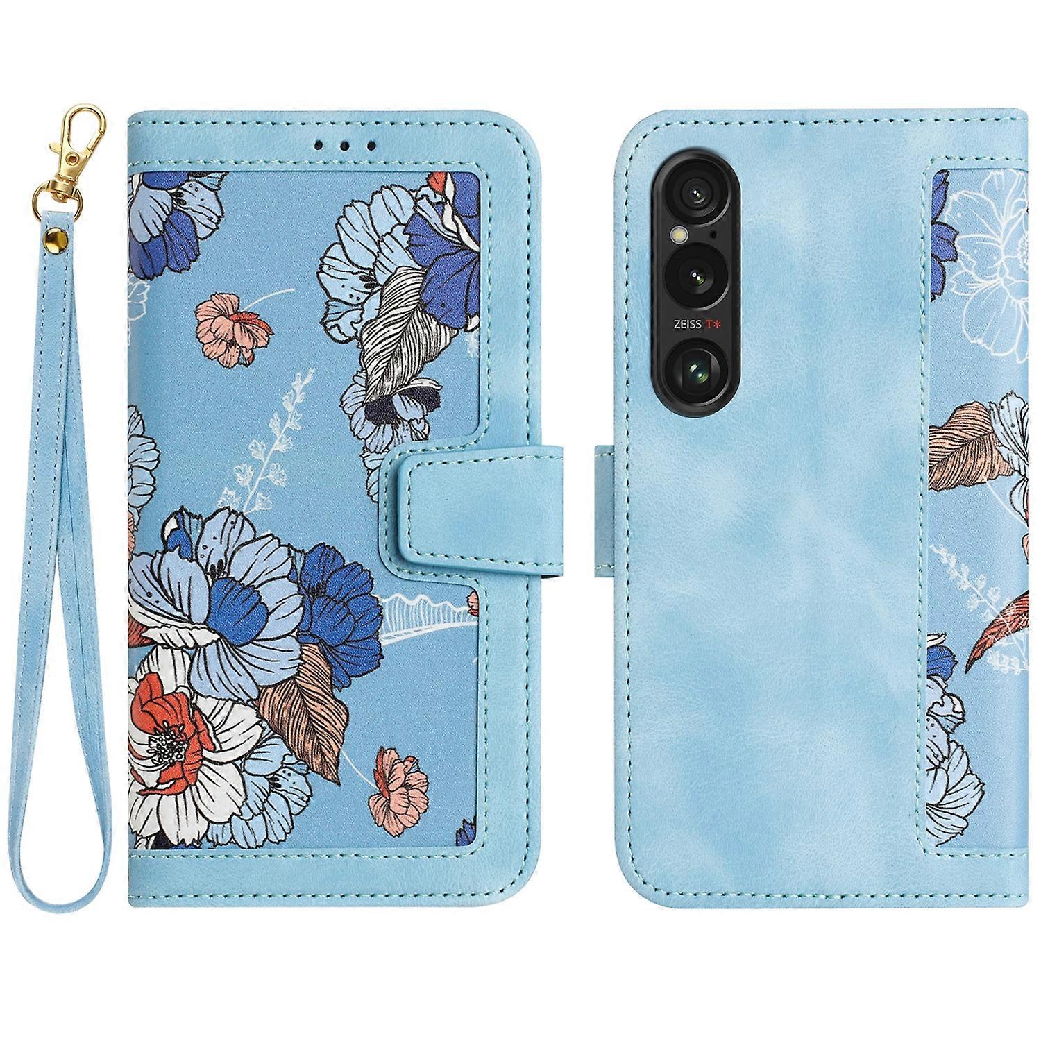 Floral Pattern Leather Phone Case with Lanyard