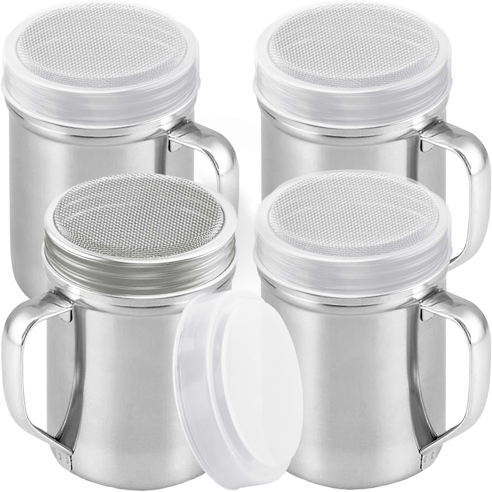 Powdered Sugar Shaker 14 Oz Capacity With Handle, Plastic Lid, Includes 4 Silver Pieces