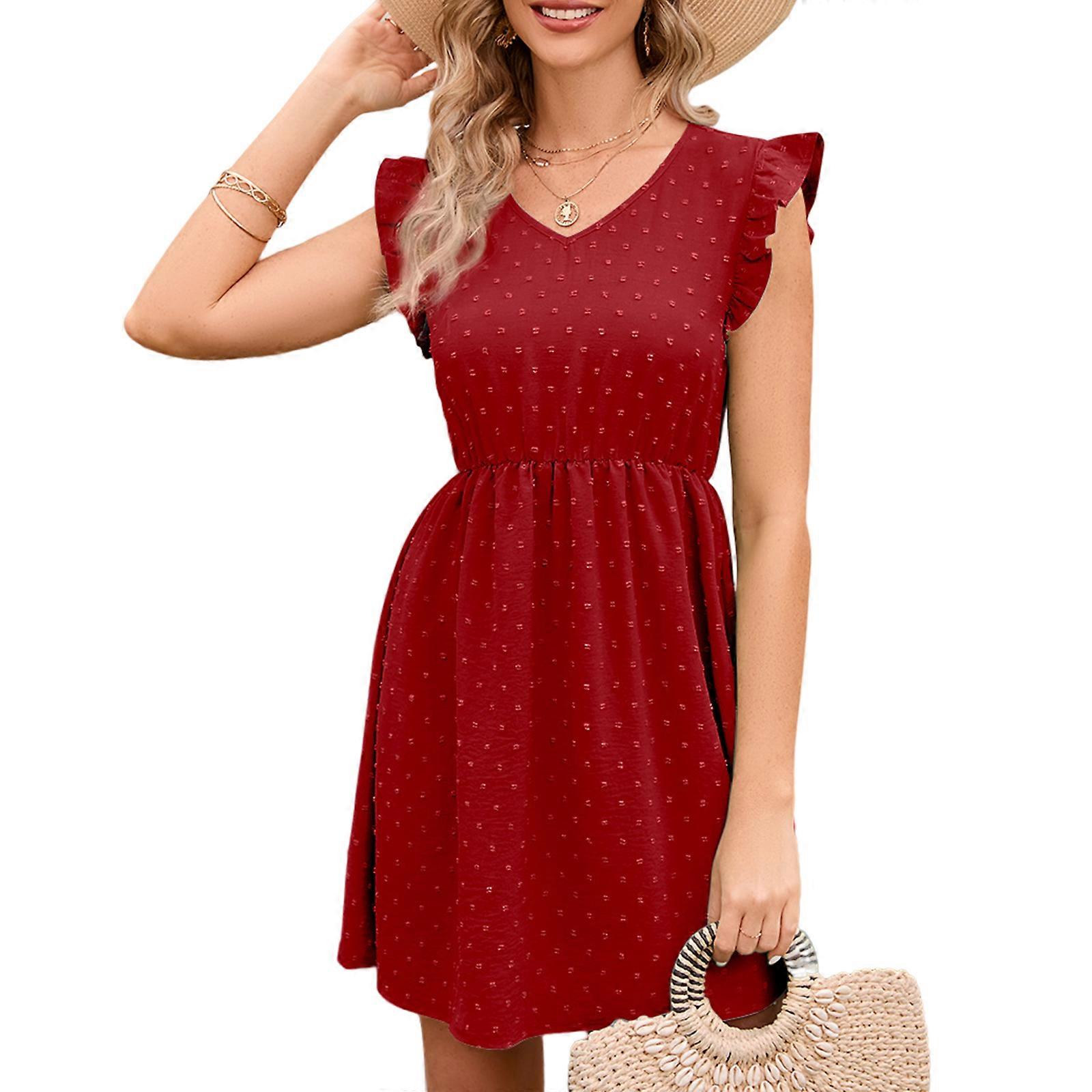 Womens Summer Dress Casual V Neck Short Sleeve Swiss Dots Elastic Waist A-line Flowy Mini Dresses Red S | Fruugo UK Womens Summer Dress Casual V Neck Short Sleeve Swiss Dots Elastic Waist A-line Flowy Mini Dresses Red S | Fruugo UK