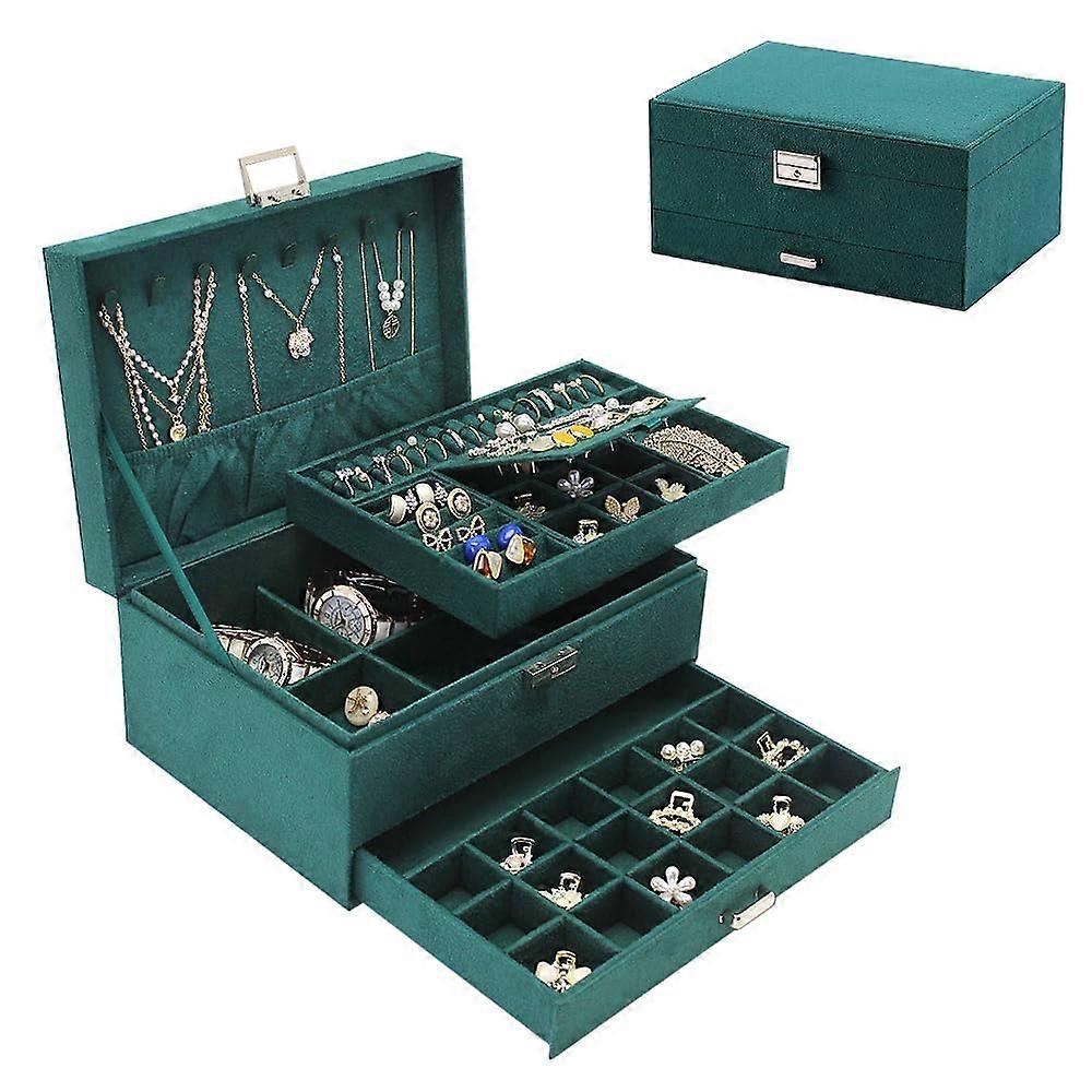 SODDEPH large jewelery regulatory box, 3 -storey showcase, locked and drawer velvet (green, extra large)