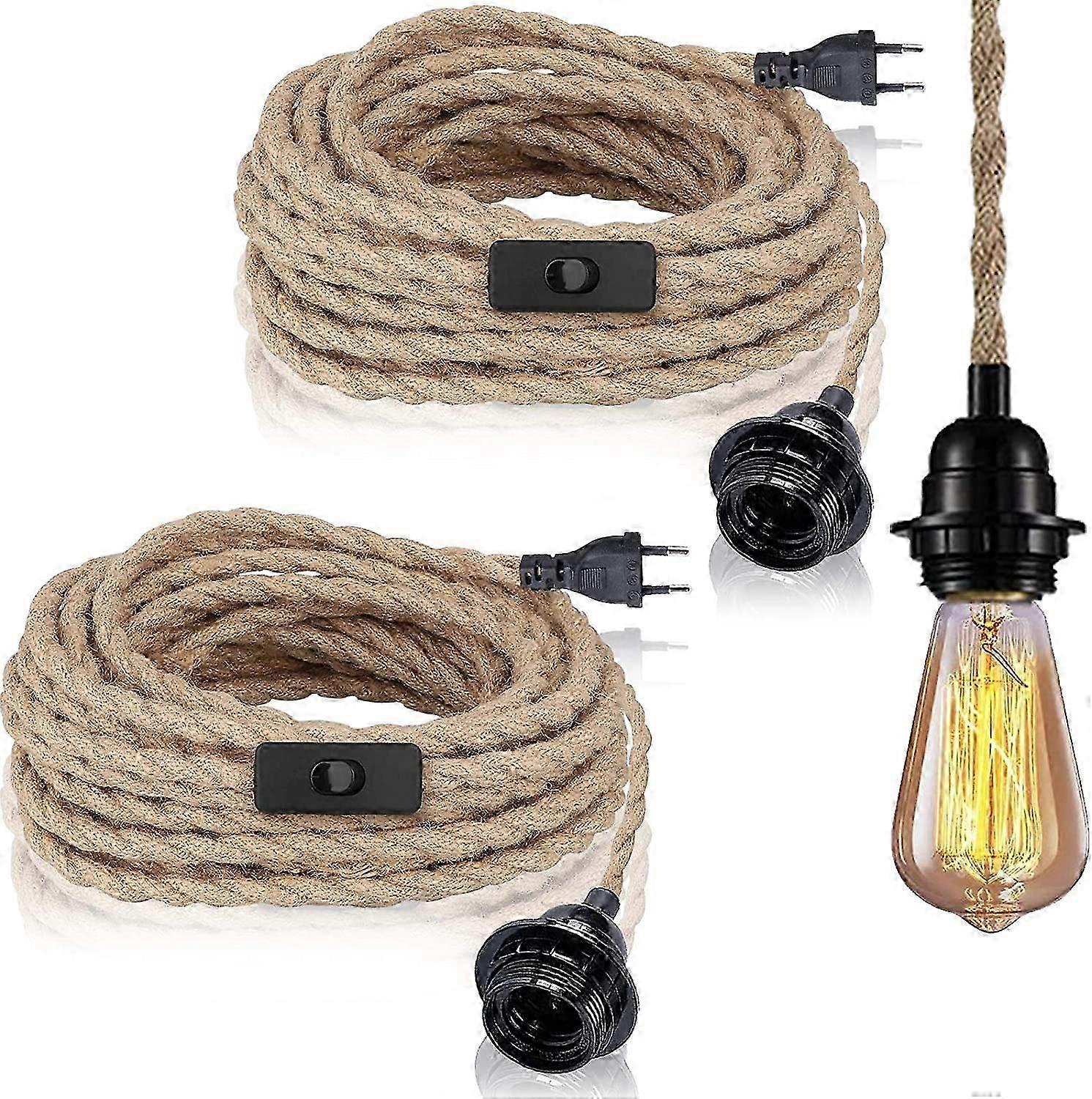 2 Pack Pendant Lights with Switch, Hemp Rope with 4.5m Cable, E27 Socket for Hall, Kitchen, Dining Table, Bar (Without Bulb)