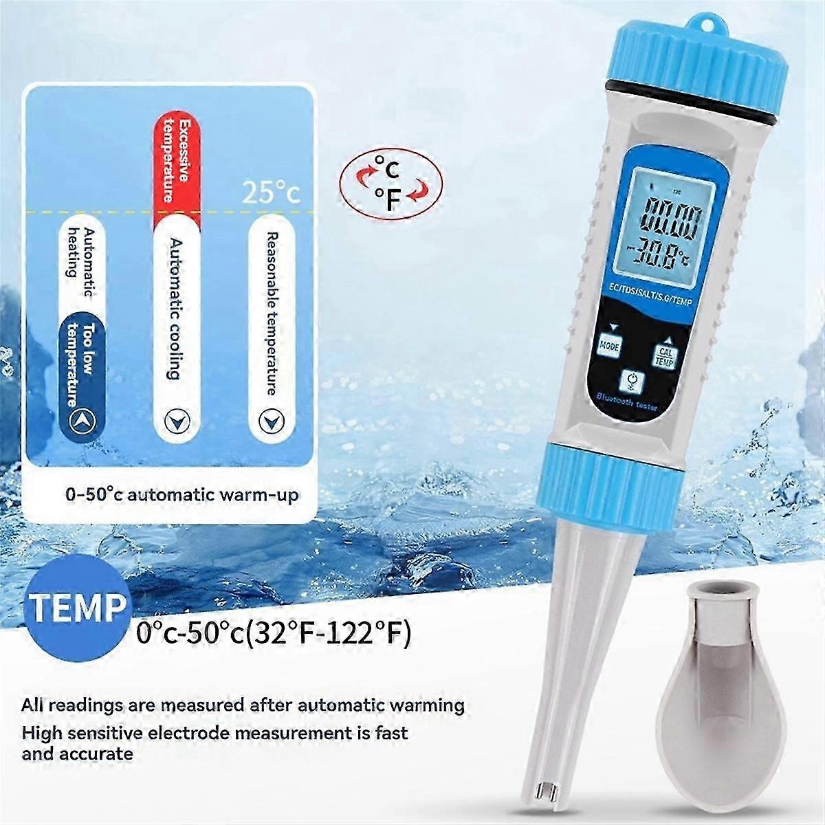 5-in-1 Bluetooth Water Quality Tester TDS, PH, Salinity, Temp, EC Meter for Hydroponics, Aquariums,
