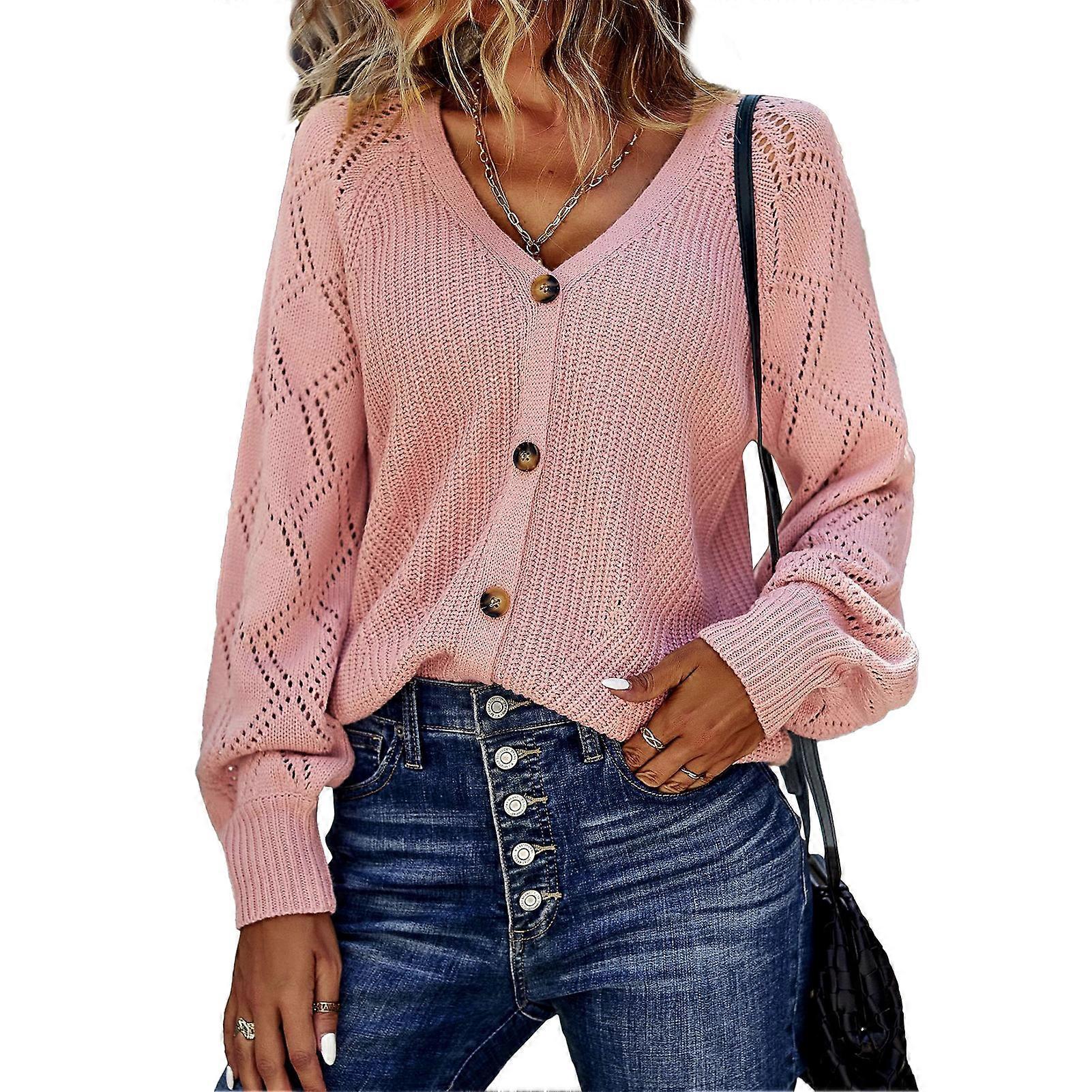 Women Knitted Cardigan V Neck Single Row Button Long Sleeve High Elasticity Hollow Out Open Front Sweater