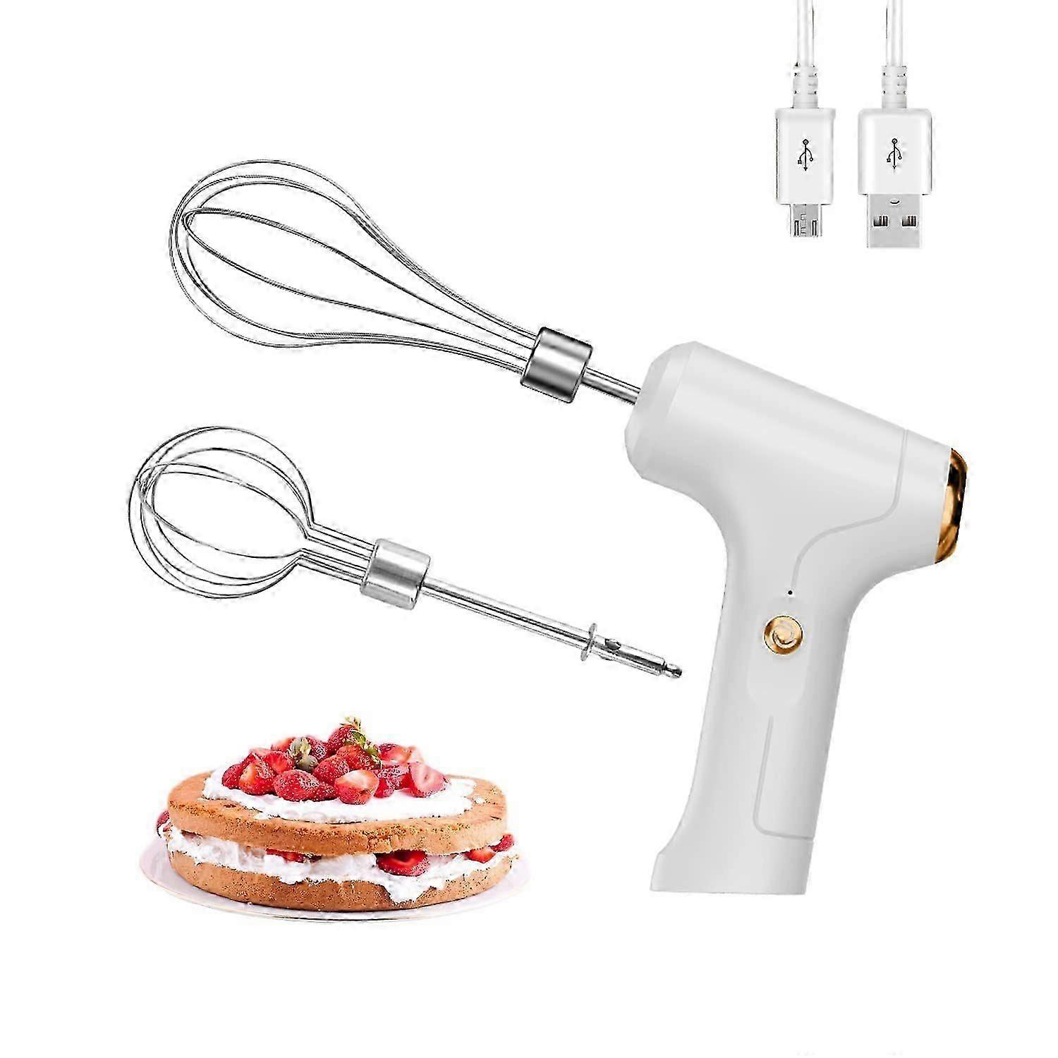 Cordless handheld egg beater with 2 detachable beaters and 3 speed settings for eggs, milkshakes, cream, butter, and baby food. Ideal for cooking, cam