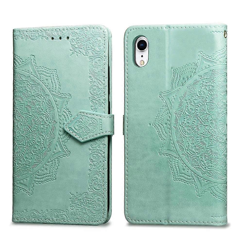Imprinted Half Mandala Flower Leather Wallet Stand Mobile Shell for iPhone XR 6.1 inch