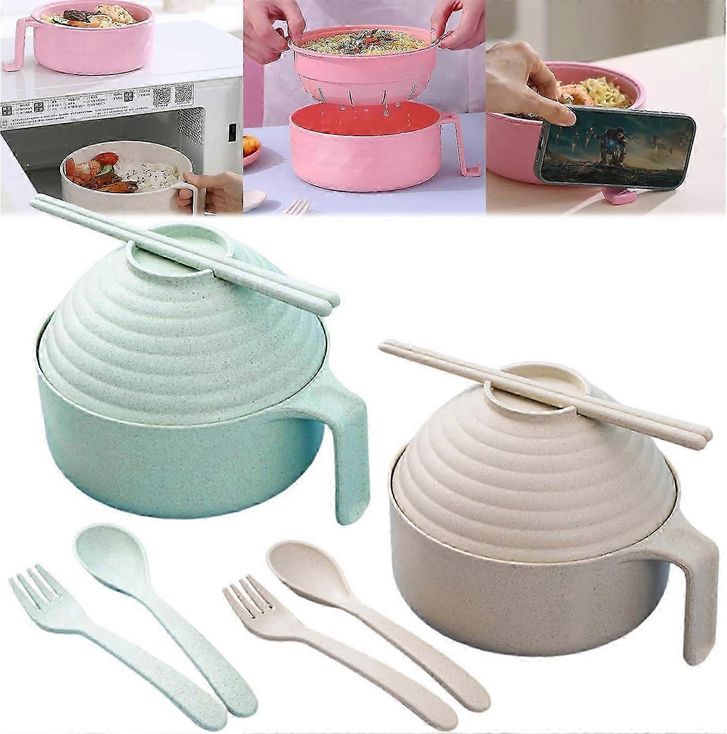 電子レンジラーメンボウルセット、蓋&箸、グリーン&ベージュの電子レンジ対応ヌードルボウル