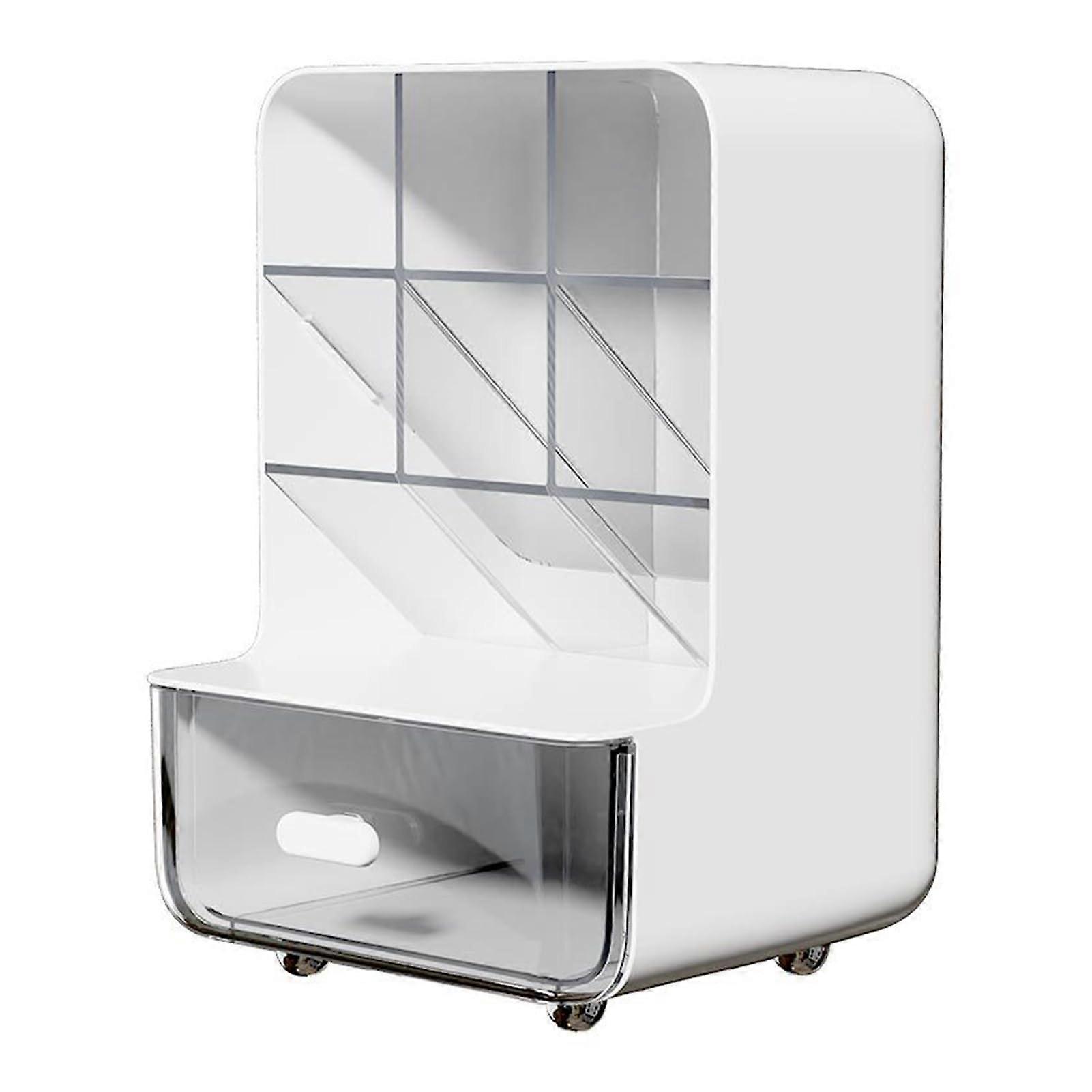 Plastic Desktop Caddy Pen Holder with 6 Compartments, Transparent Drawer, Slant Top Design, White Desk Organizer