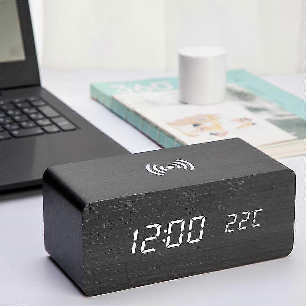Wooden Alarm Clock with Sound Control Qi Wireless Charging Function Compatible with Certain Brands