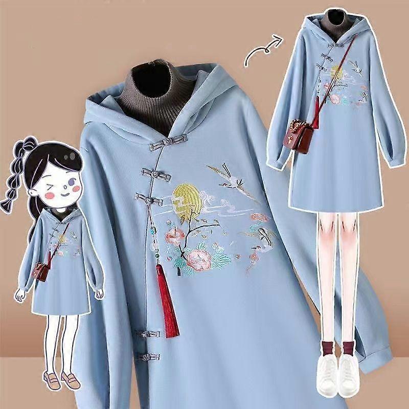Chinese style embroidered Hanfu improved hooded sweatshirt plus velvet thickened loose dress