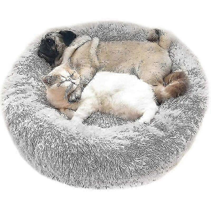 Gray Round Plush Pet Bed Thick Cushion for Cat