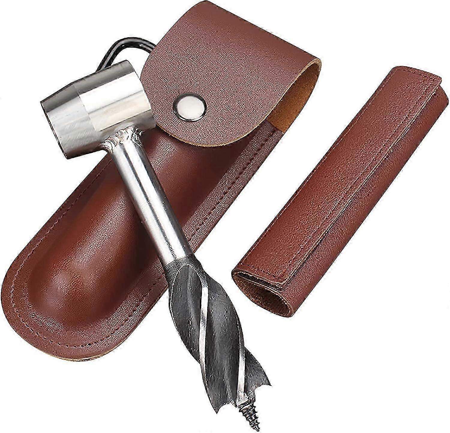 Woodworking Hand Drill Manual Survival Drill Bit with Leather Case Multi-Purpose Auger Bit Wrench Survival Tools(Brown)