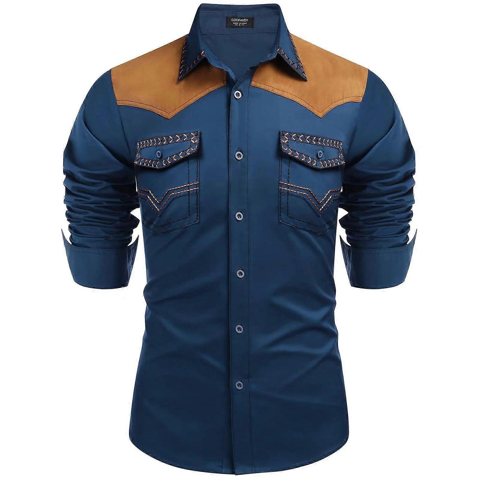 Cowboy Western Shirts Men's Long Sleeve Button Down Hippie Shirt Blue
