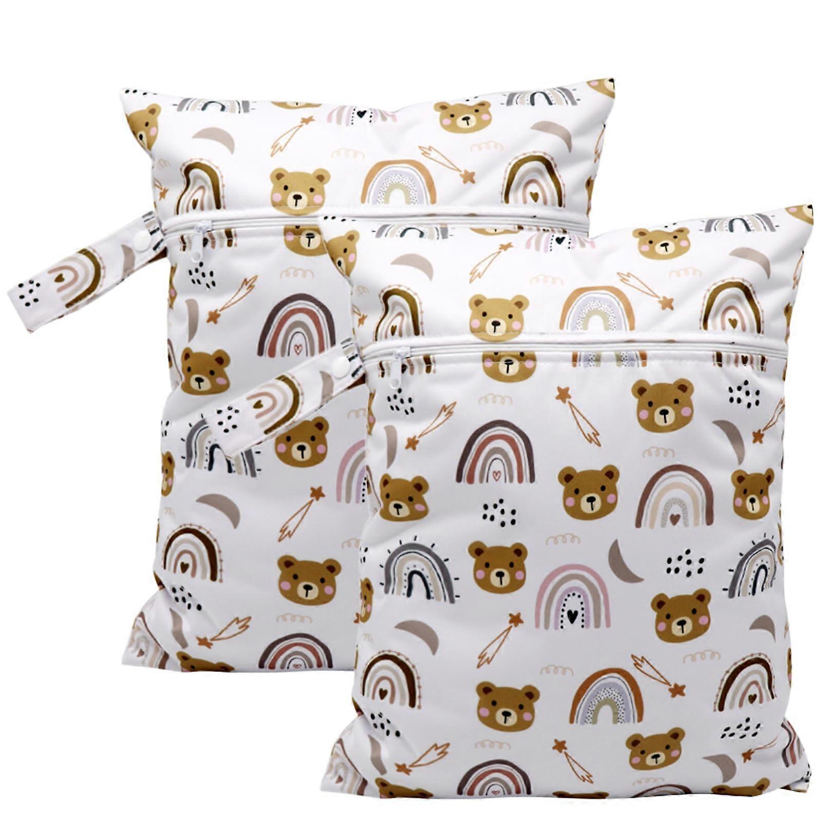 Bear Wetbag Nursery Large Nappy Bag with Zip, Pack of 2 Reusable Wet and Dry Changing Bags for Baby Travel, White Brown Pastel