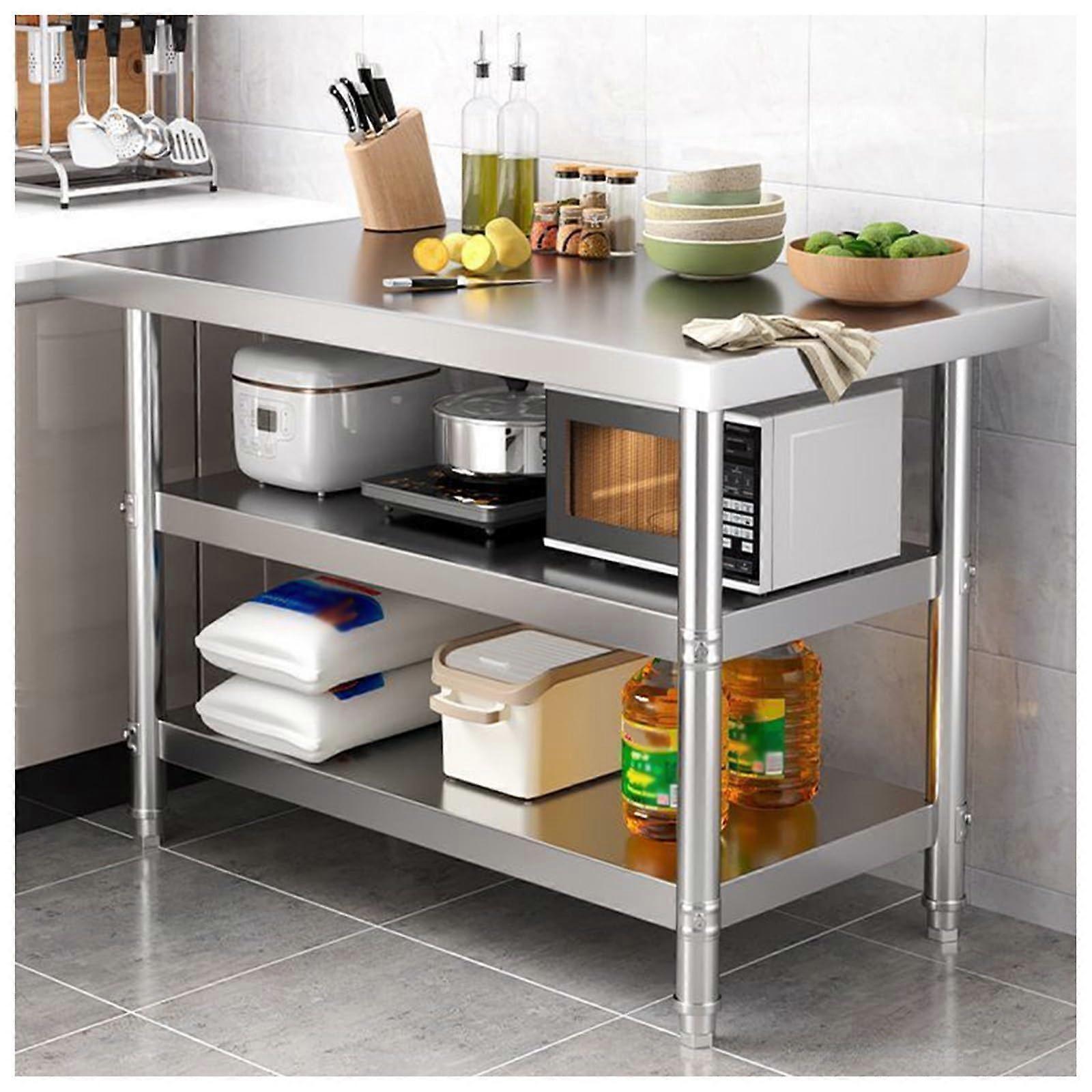 Threetier workbench, freestanding kitchen preparation table, open shelf, sturdy workbench, stainless steel, kitchen counter, 90*40*80cm