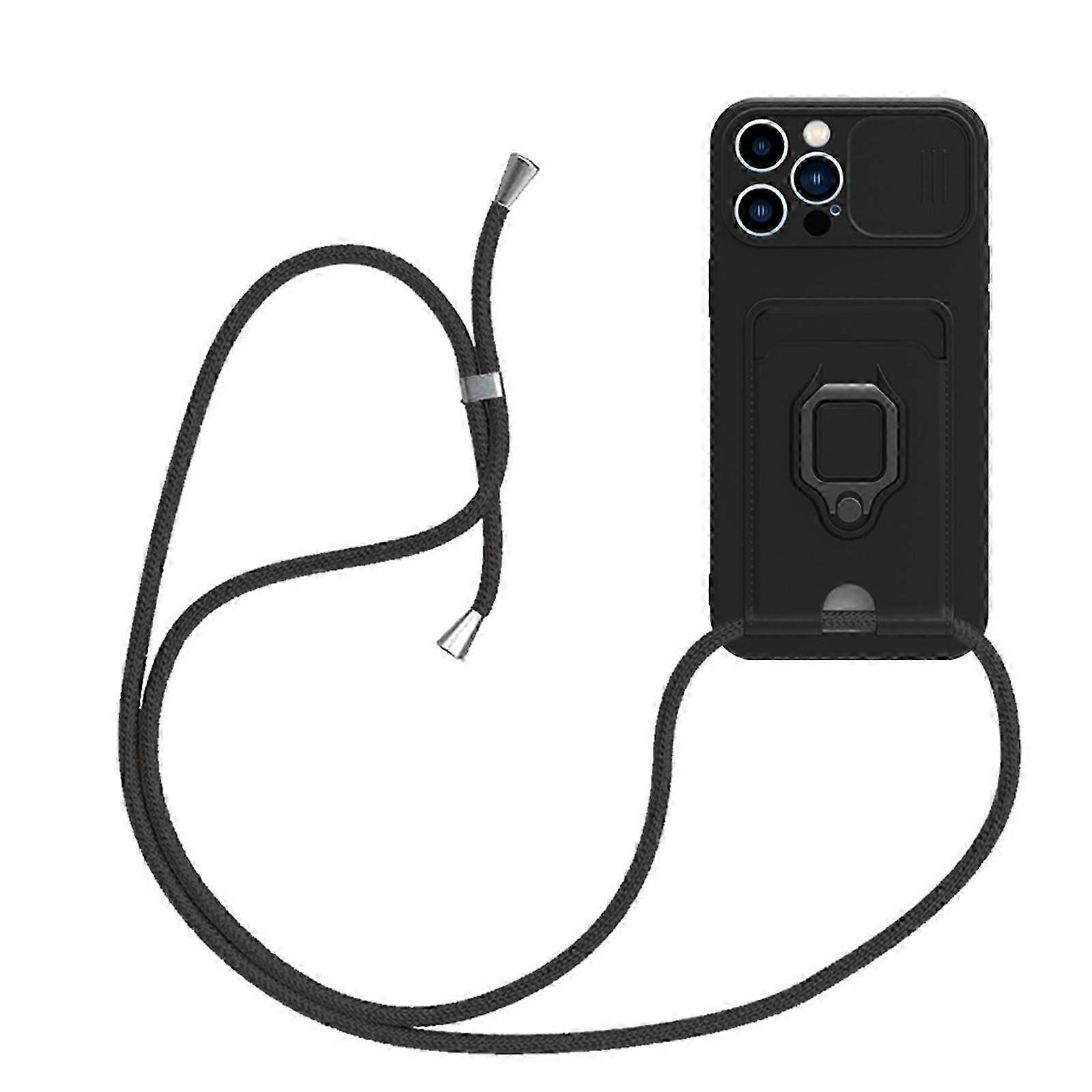 Crossbody Strap for iPhone 15 Pro Max/15 Ultra Case with Card Holder Ring Kickstand, Scratch-Resistant Shockproof Slide Lens Camera Protection Case