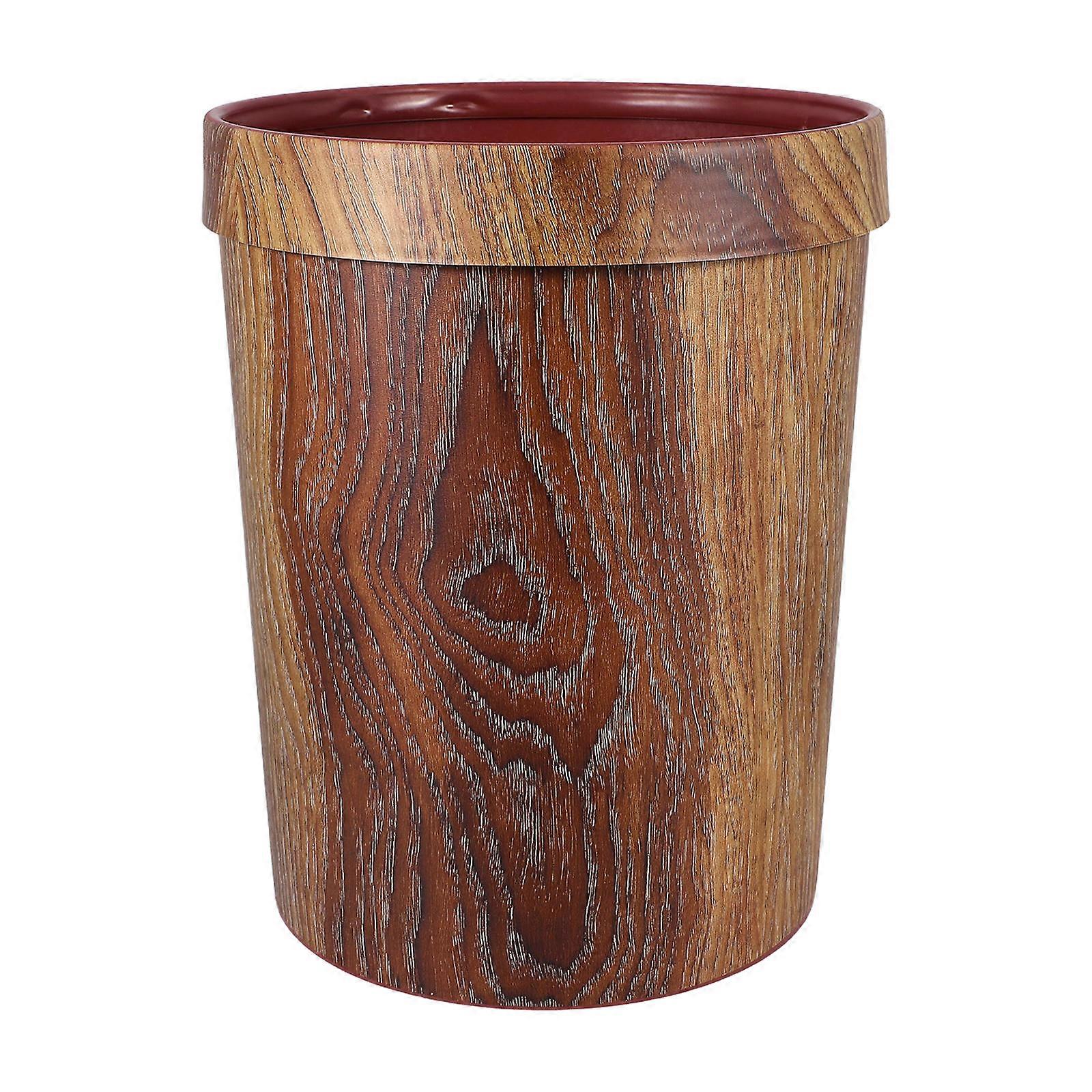 Retro Wood Grain Plastic Trash Container Uncovered Waste Bin for Home Bathroom Kitchen Office Use Strong Bearing Capacity