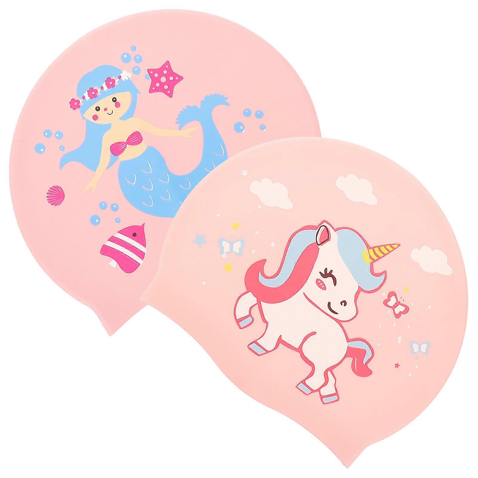 Swimming Cap Child Cartoon Swim Caps Adorable Pink Unicorn 22.5X20CM 2Pcs Toddlers