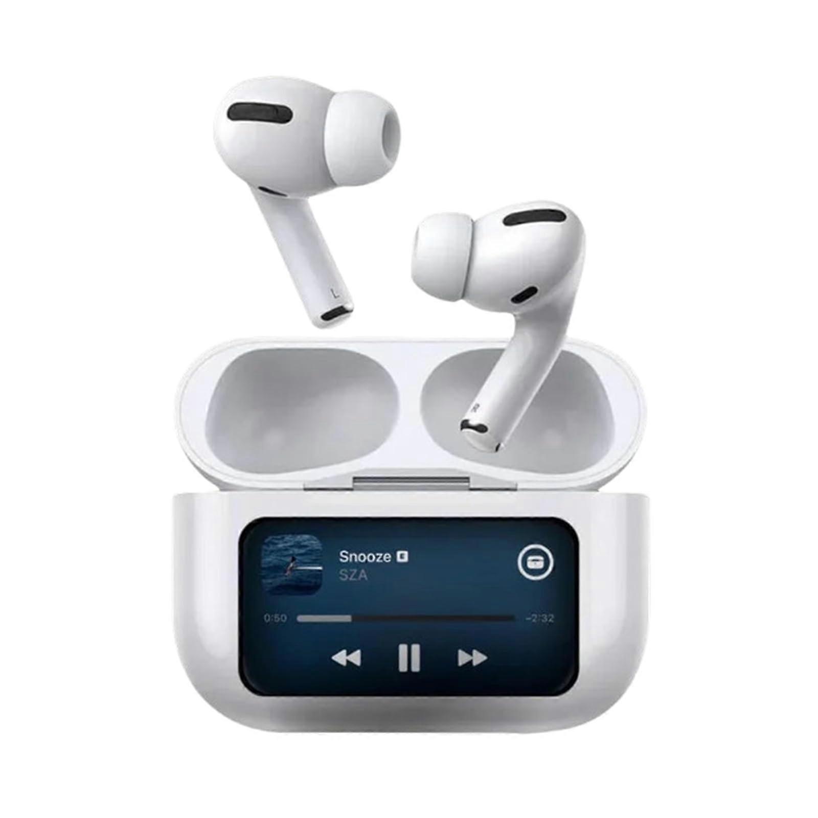 TouchPods Wireless Bluetooth Headphones with Screen Bluetooth InEar Headphones with LED Touch Screen with Noise Cancelling and Smart Touch White