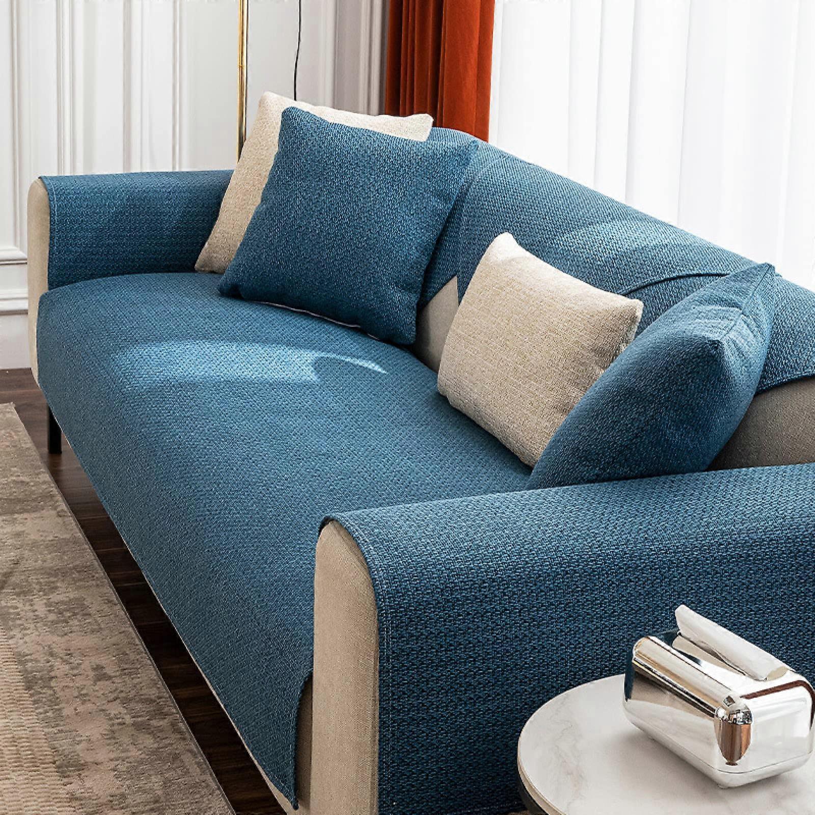 Japanese Style Sofa Cover, NonSlip LShaped, Density Cotton Linen, Blue