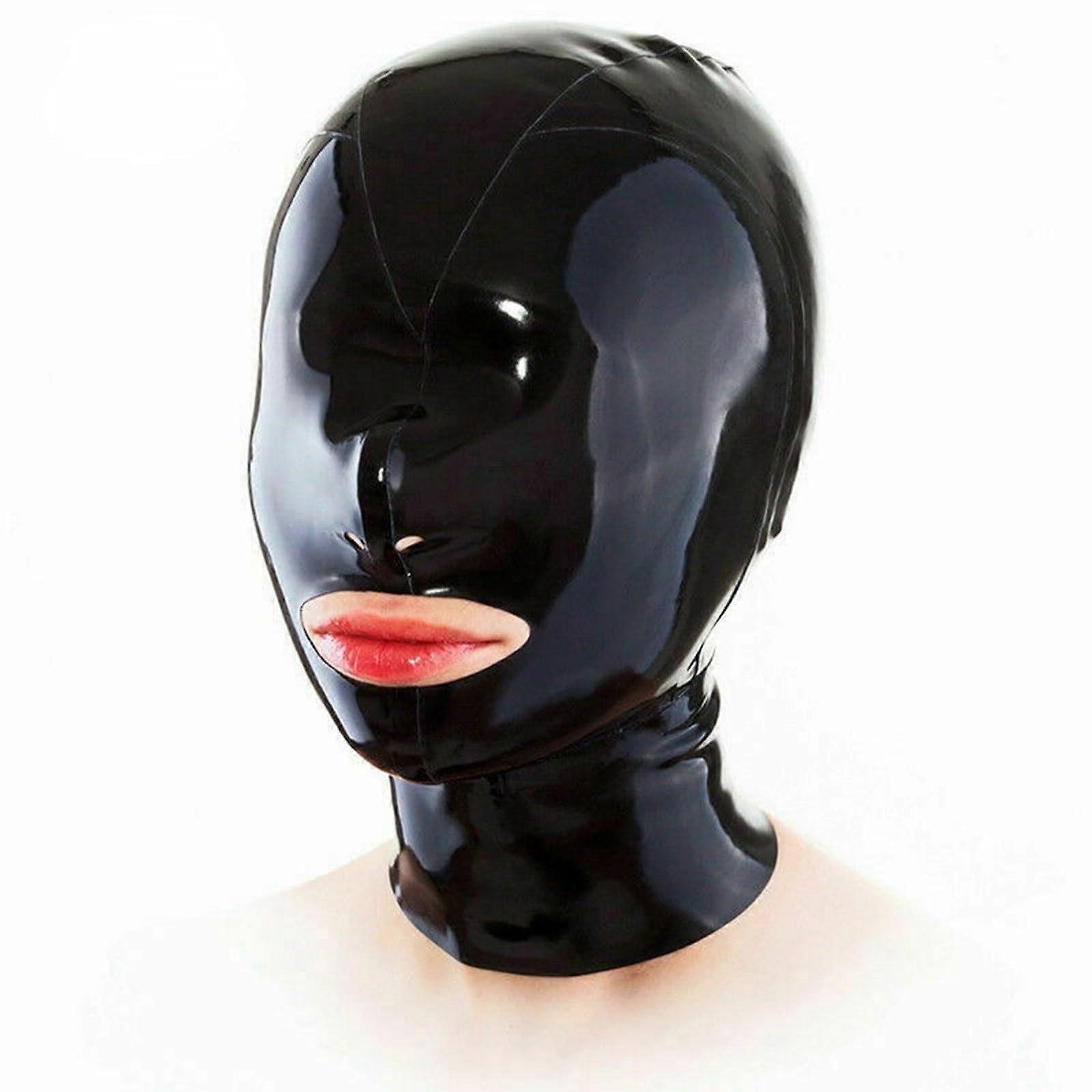 Black Latex Hooded Masks With Zip On Back, Full Face Latex Mask, Size L-68 Cm, For Men And Women