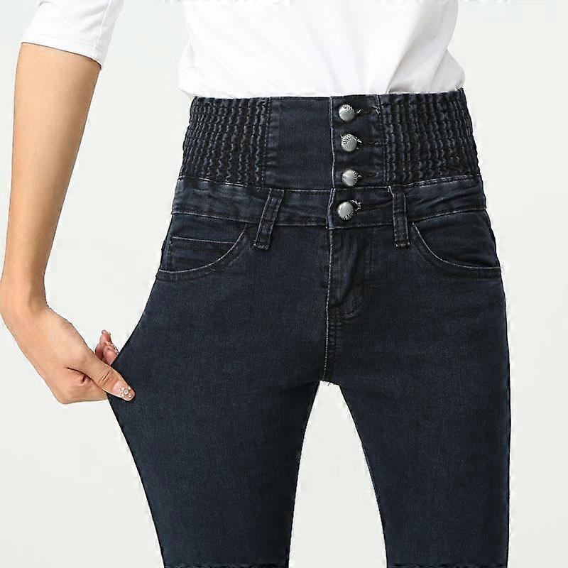 Spring and Autumn Women's Jeans Elastic Waist High Waist Pants Slim Denim Jeans Button Tight Pencil Pants