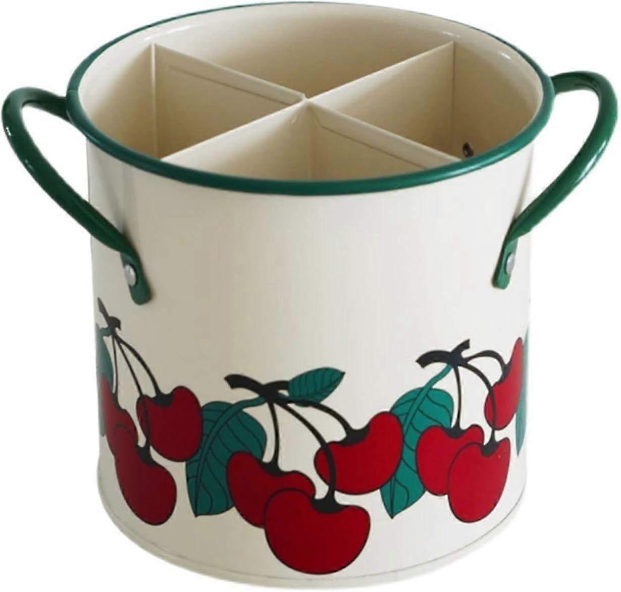 Retro Cherry Spoon and Tableware Rack Drain - Kitchen Utensil Storage Box with 4 Metal Bucket Trays and Pot Clamp