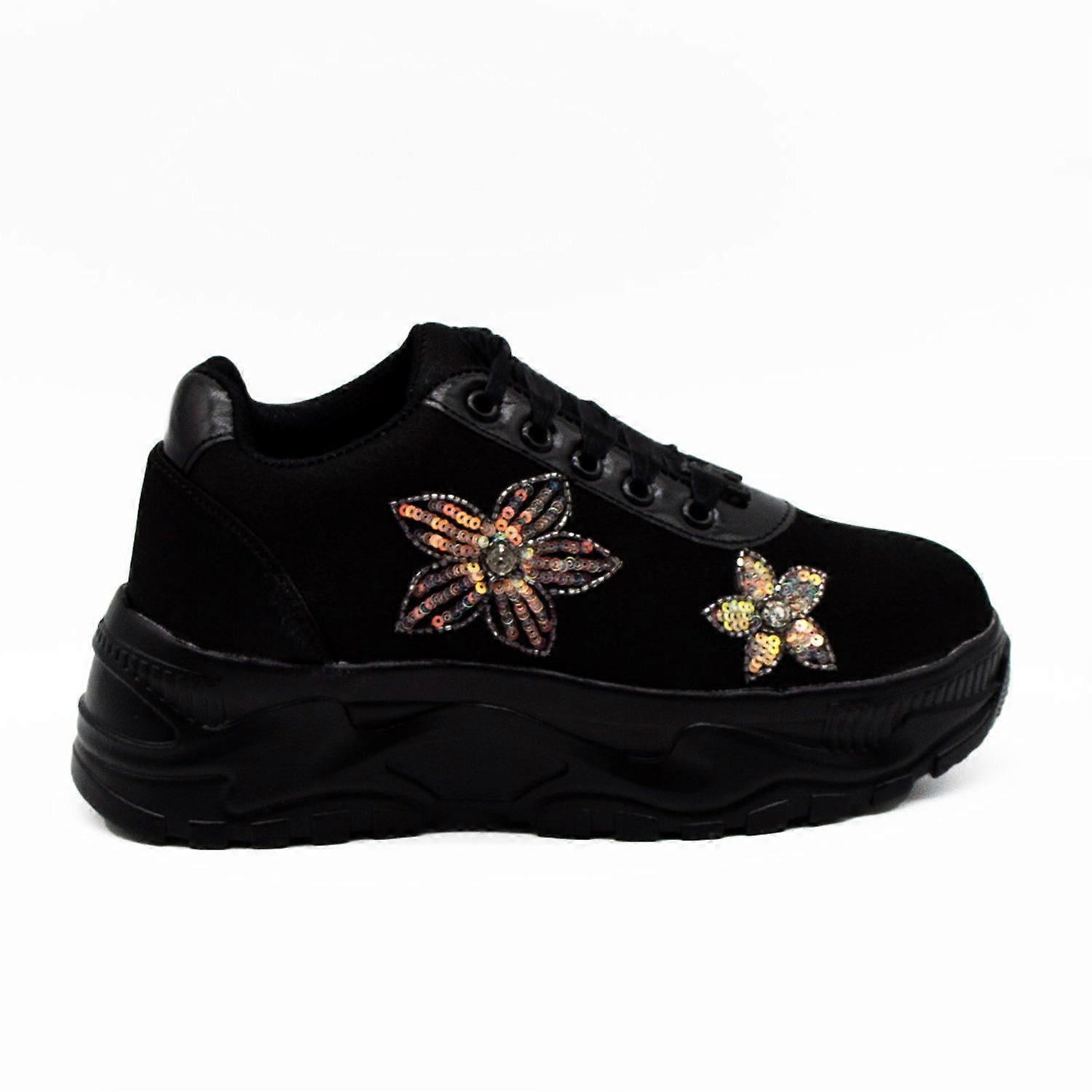 Melody luxury noir satin handmade embellished trainers