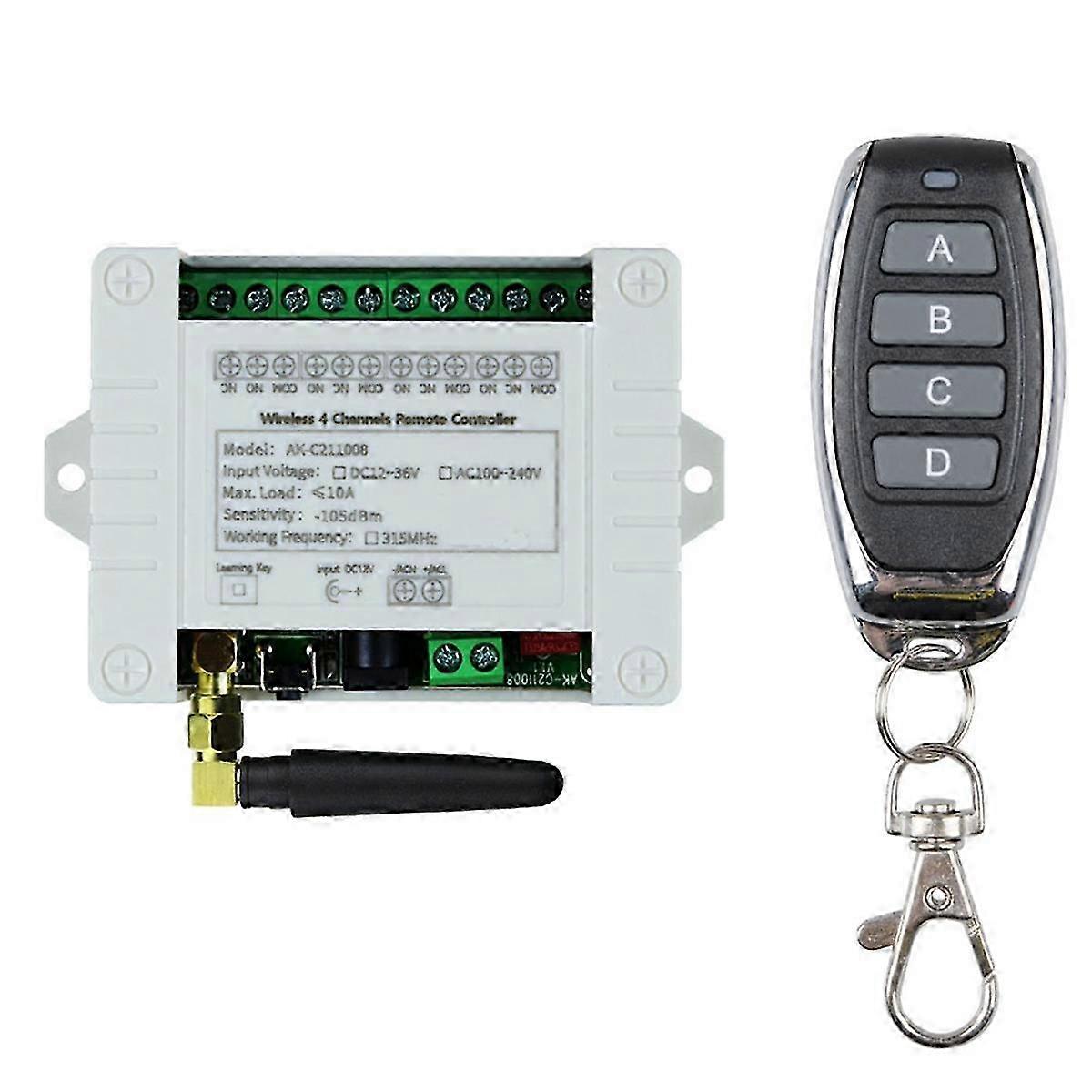 DC Relay Wireless Remote Control Switch Receiver 4 Channel with 433MHz RF & 10A Power Output