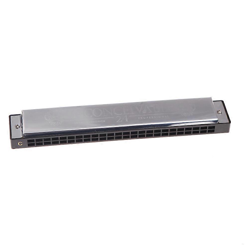 Swan Tremolo Harmonica Mouth Organ 24 Double Holes with 48 Reeds Key of C Free Reed Wind Instrument with Case Silver