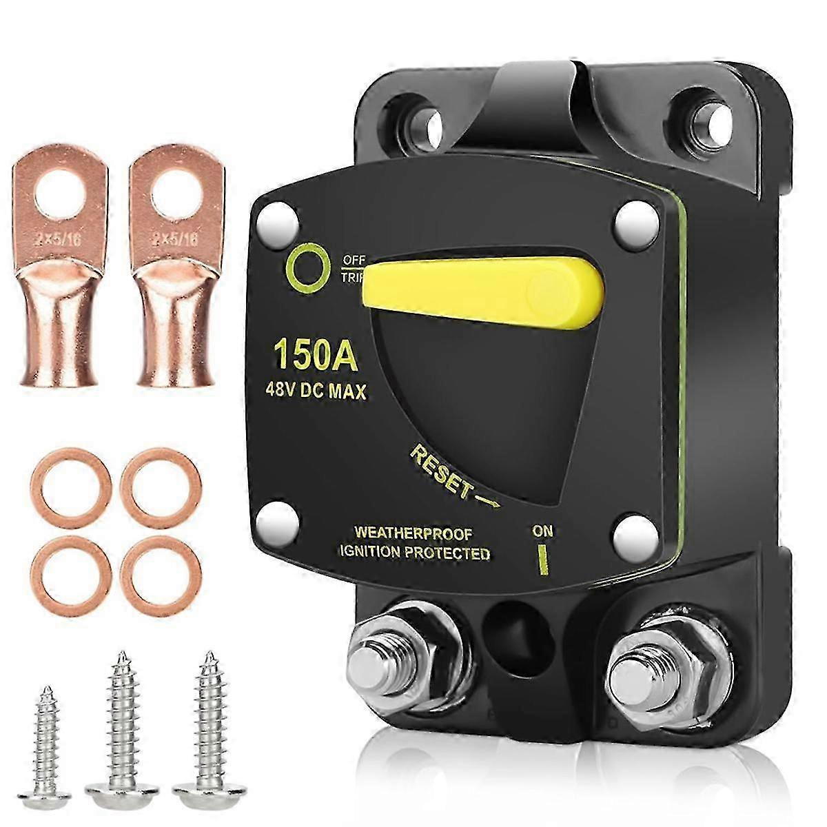 150Amp Circuit Breaker W/Manual Reset Switch DC 12-48V High Amperage,W/Wire Lugs Copper Washer for Car Audio RV Marine