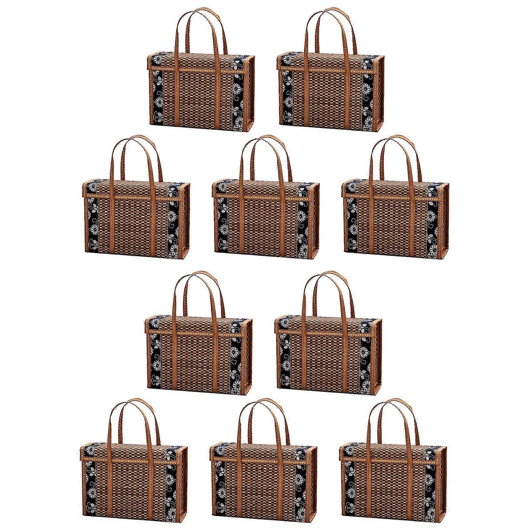 10X Picnic Woven Basket Wicker Storage Bag Handle Folded Fruit Shopping Food Handle Rattan Grass Foldable Bamboo Basket
