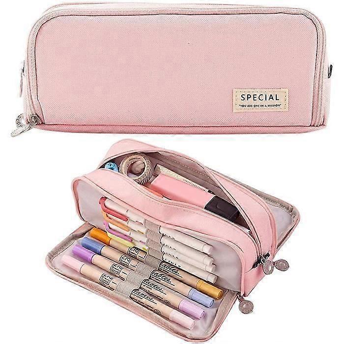 Pink Large Capacity Pencil Case, 3 Compartments, Student Pencil Case, Multi-Function Solid Color Pencil Case For