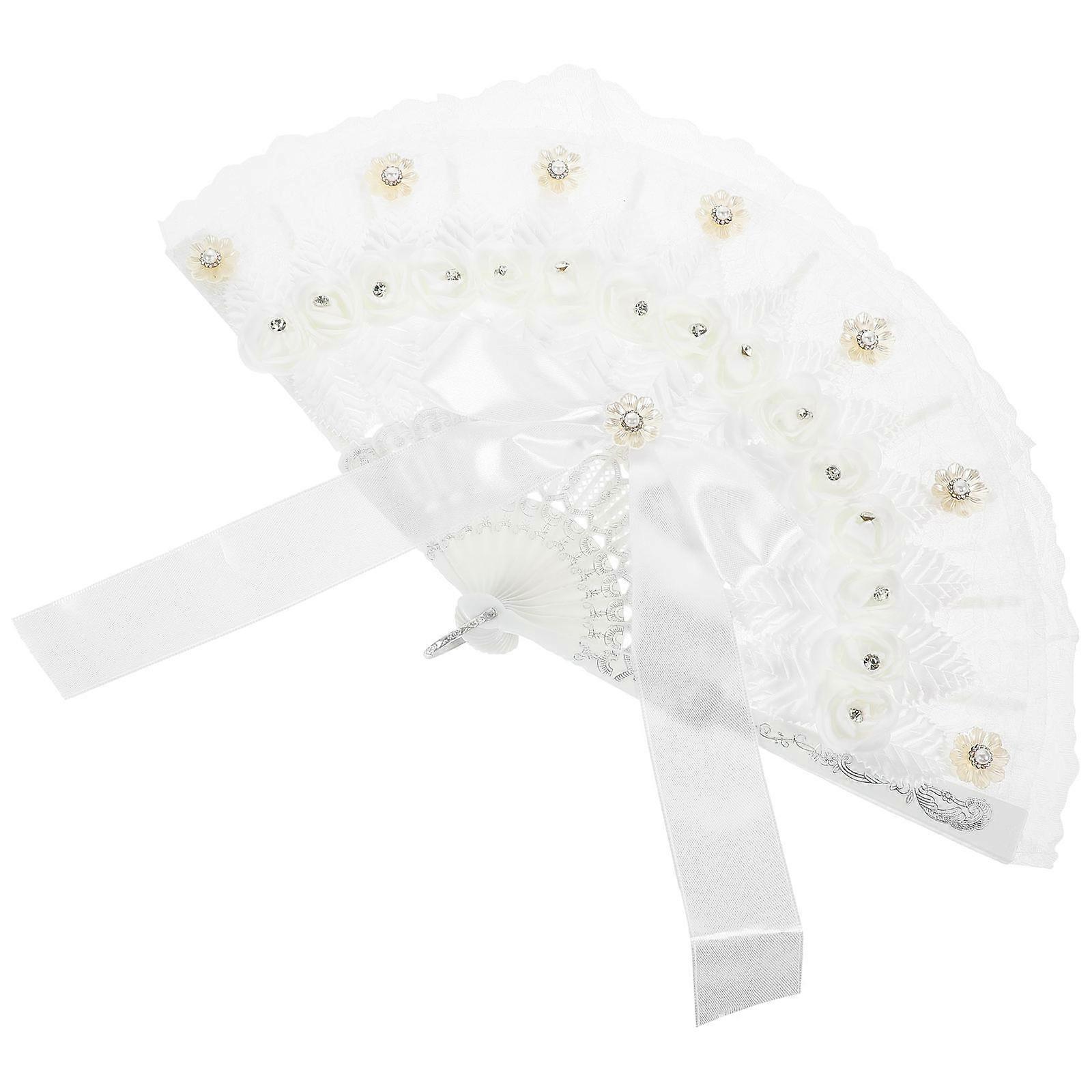 Handmade Lace Folding Fan for Stage Performance 5Pcs White Folding Fan