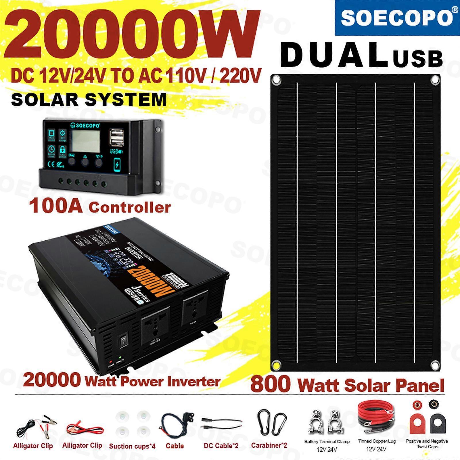 20000W Solar Power Inverter Kit | SOECOPO 800W Panel + 100A Controller | 12V/24V DC to 110V/220V AC