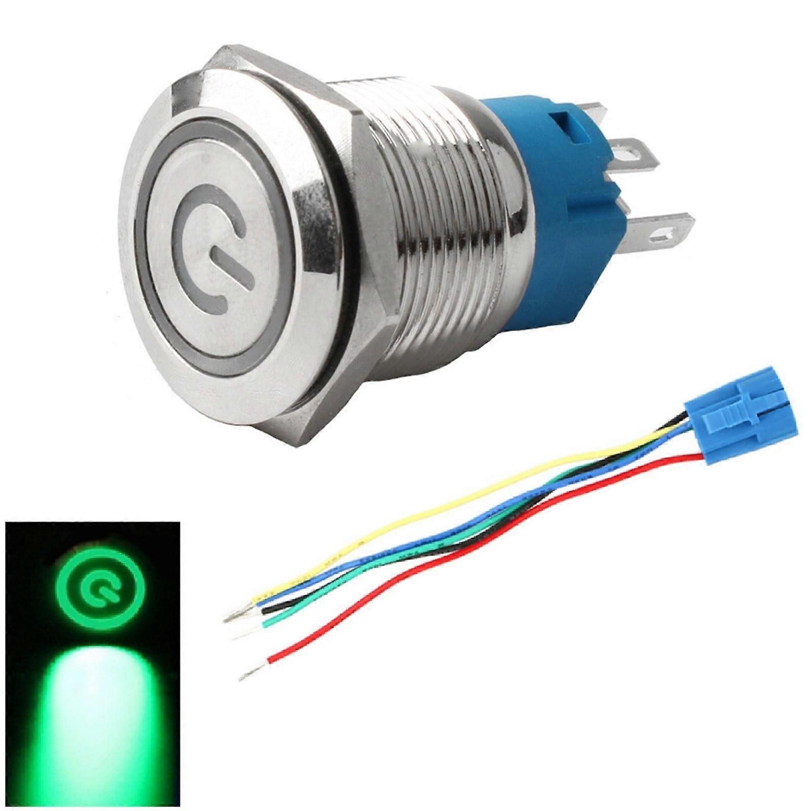 19mm 3-6V LED Power Symbol ON-OFF Car Push Button Switch Latch Metal Waterproof Green