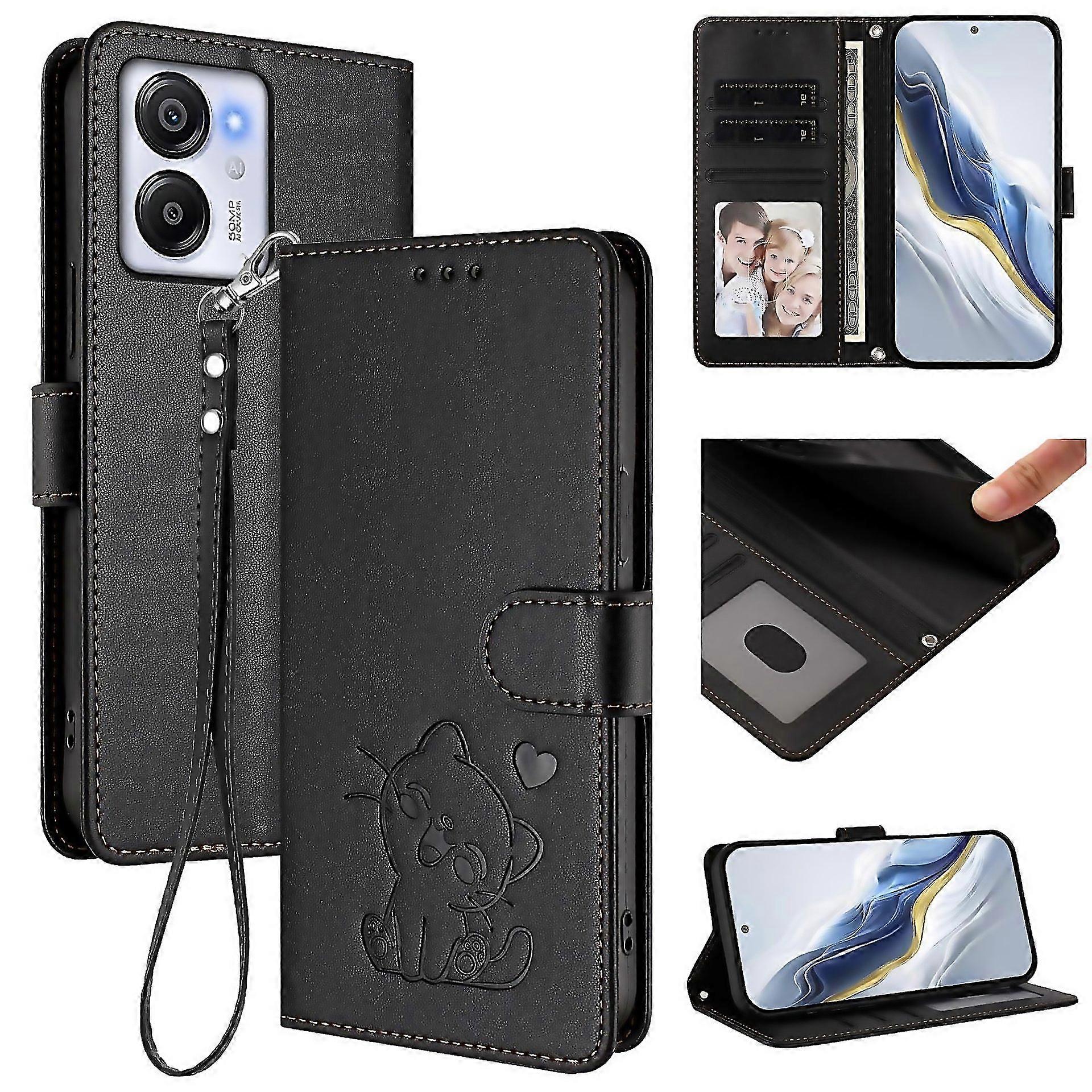 For Embossed Heart Cat Leather Phone Case With Hand Strap Designed For Modern Living